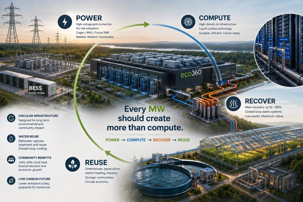 Infographie d'un système intégré combinant énergie, calcul, récupération et réutilisation.