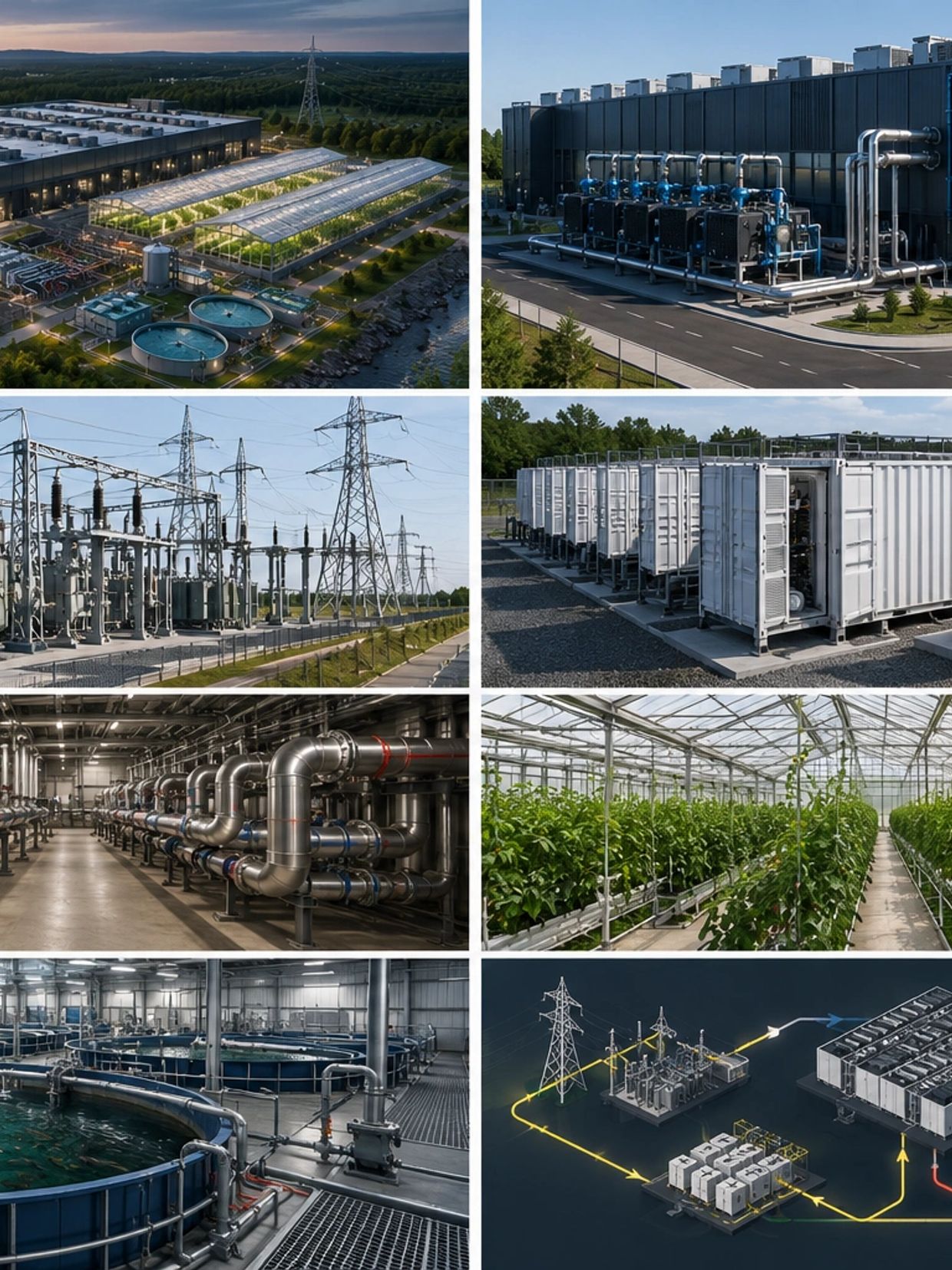 Installation de data center avec infrastructure énergétique et agricole intégrée.