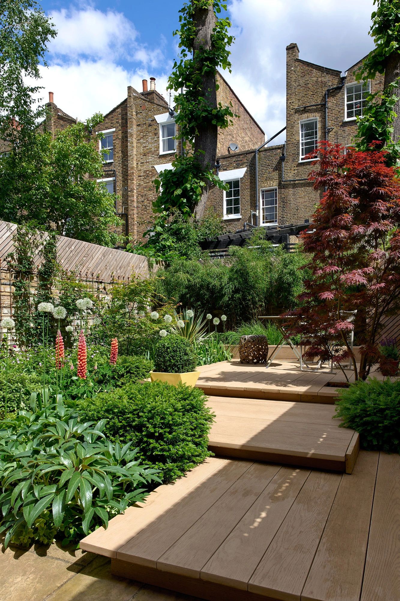 chic city garden with decking and lush planting looking out on smart georgian houses