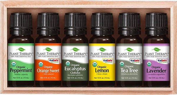 Plant Therapy essential oils including peppermint, orange, eucalyptus, lemon, tea tree, and lavender