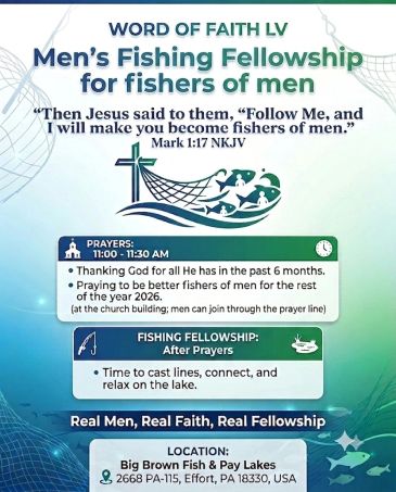 Men's Fishing Fellowship event with prayers and fishing activities.