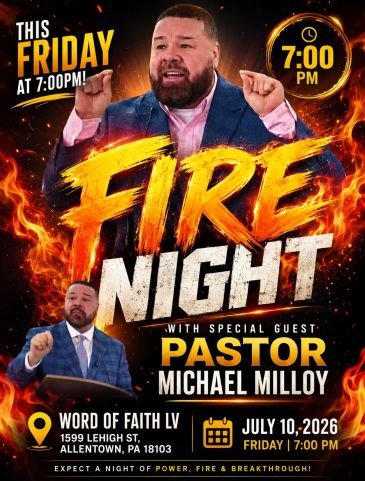 Event poster for Fire Night with Pastor Michael Milloy on July 10, 2026.