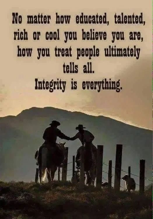 Two cowboys on horseback shake hands with a sunset backdrop and an inspiring quote about integrity.