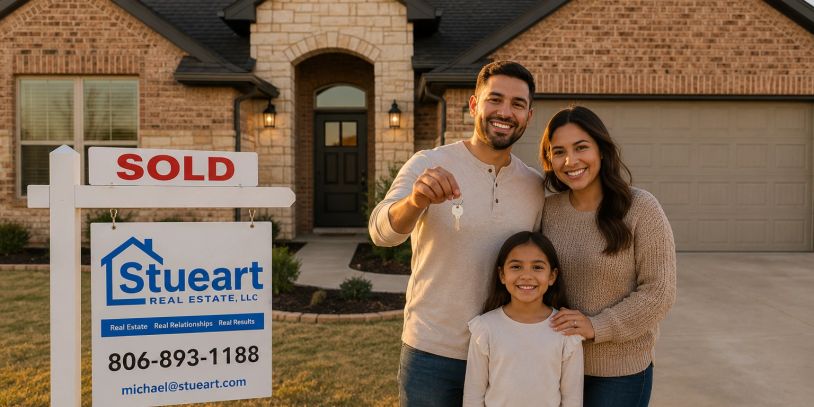 Happy family holding keys in front of their newly sold home.