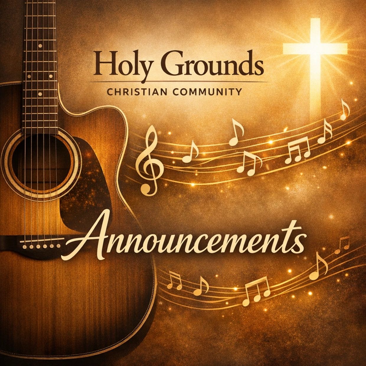 Christian community announcements with guitar and music notes.