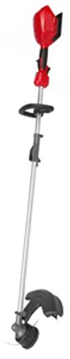 Red and black electric string trimmer for garden use.
