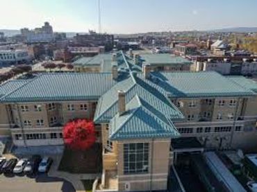 A large building with a green roof in an urban area under clear skies.