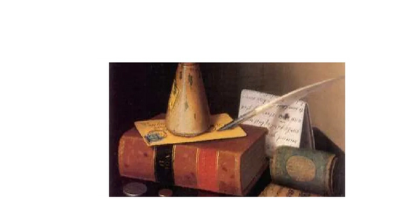 Still life with books, a quill, and old writing materials.