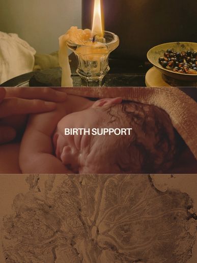 A newborn baby, candlelight, and nature's patterns symbolizing birth support.