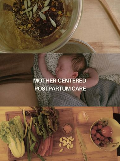 Collage showing postpartum care with herbs, a sleeping baby, and fresh vegetables.