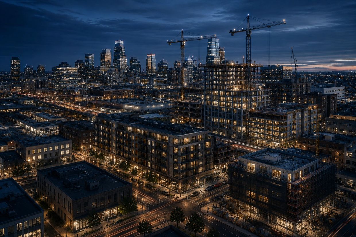 Institutional urban redevelopment ecosystem featuring multifamily growth, mixed-use construction, an