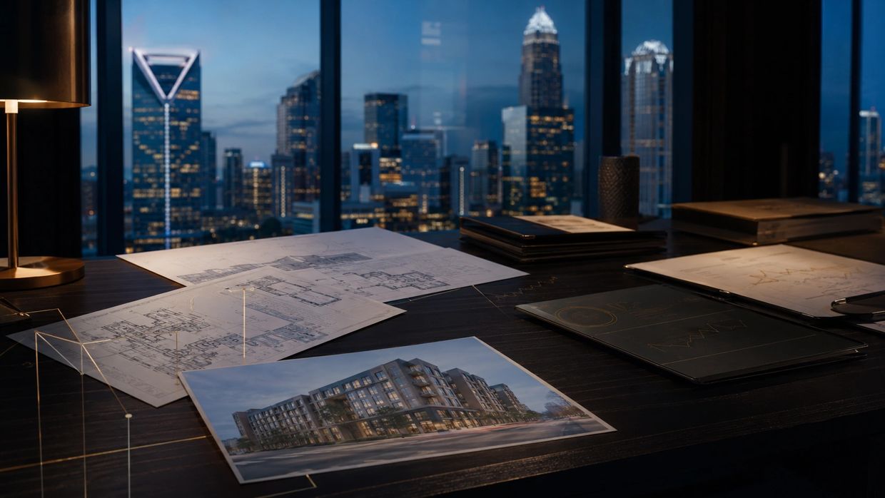 Charlotte real estate capital review desk with underwriting, property plans, and institutional finan