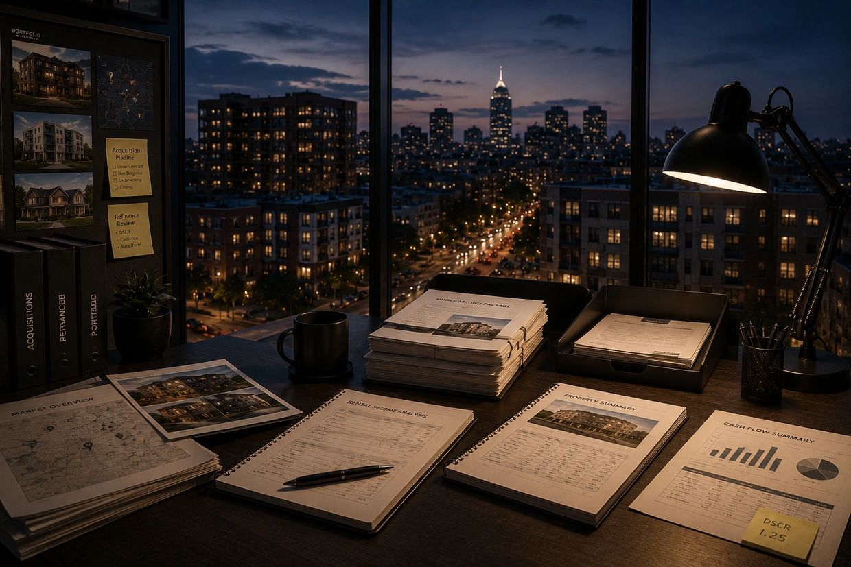 Institutional DSCR execution environment with organized rental portfolio analysis and financing coor