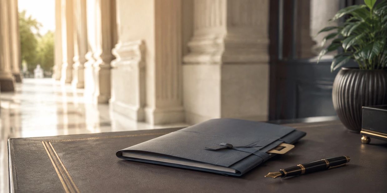 Elegant leather folder and fountain pen on a desk.