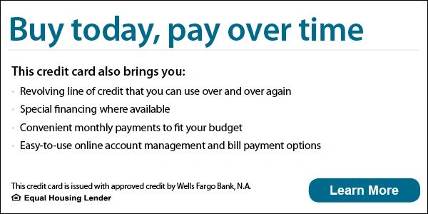 Advertisement promoting a credit card with flexible payment options and special financing.