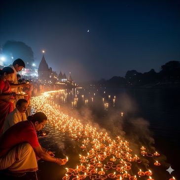Traditional Deep Daan ritual in Haridwar, where devotees honor ancestors by offering floating diyas