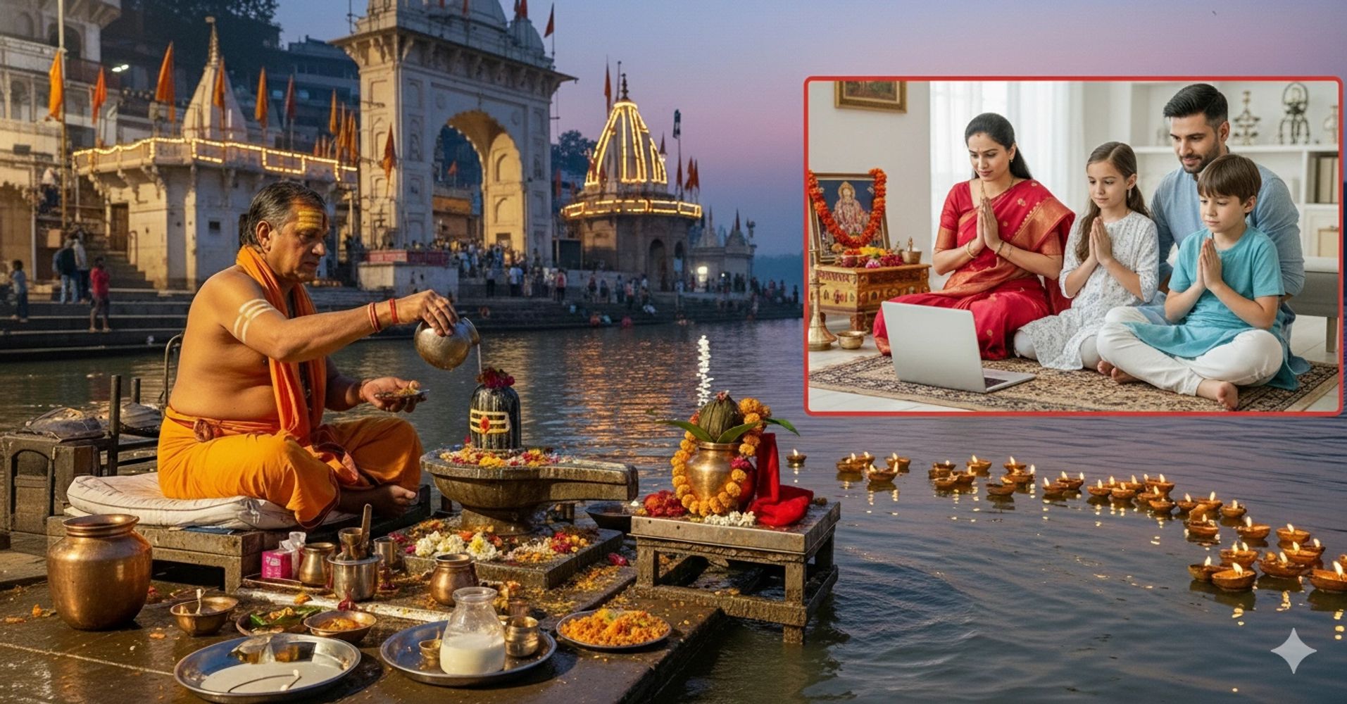 A pandit performs an online puja ceremony with a family attending via video call on a laptop.