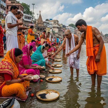 Hindu devotees performing Pind Daan on a riverbank, offering pindas (rice balls) to their ancestors.