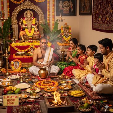 A traditional Sarva Pitru Shanti Pooja being conducted by a priest and a family, featuring a havan k