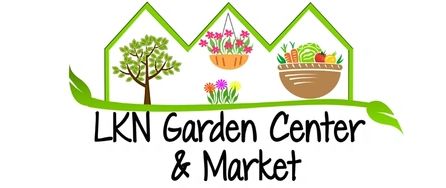 Logo of LKN Garden Center & Market with plants and produce.