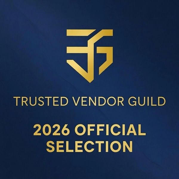 Trusted Vendor Guild 2026 Official Selection logo with gold text on blue, membership levels, trusted vendor certification,
vendor credibility award.
