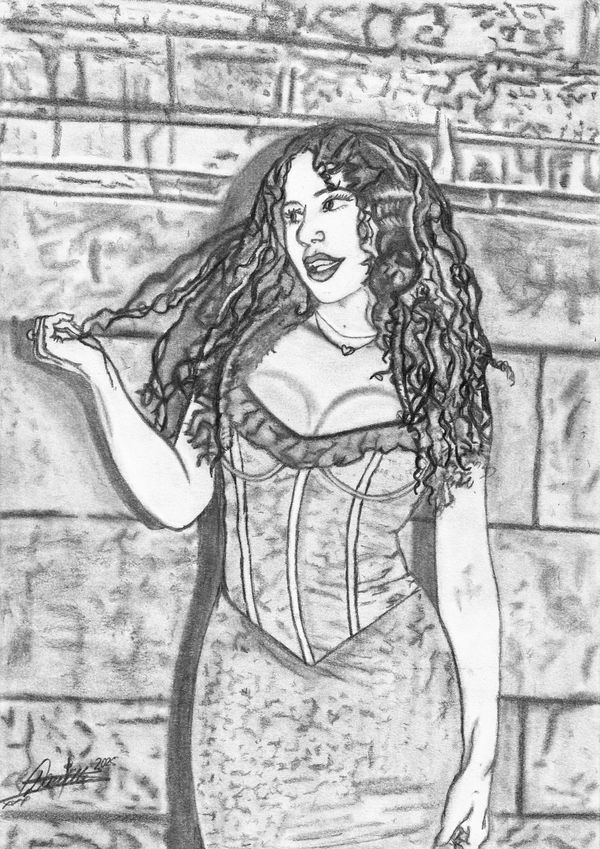 Charcoal drawing of a woman with curly hair in a corset dress.