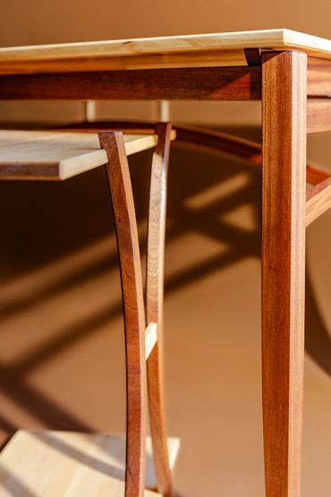 Close-up of wooden furniture joints and structure.