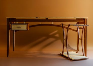 Wooden table and chair with light and shadow.