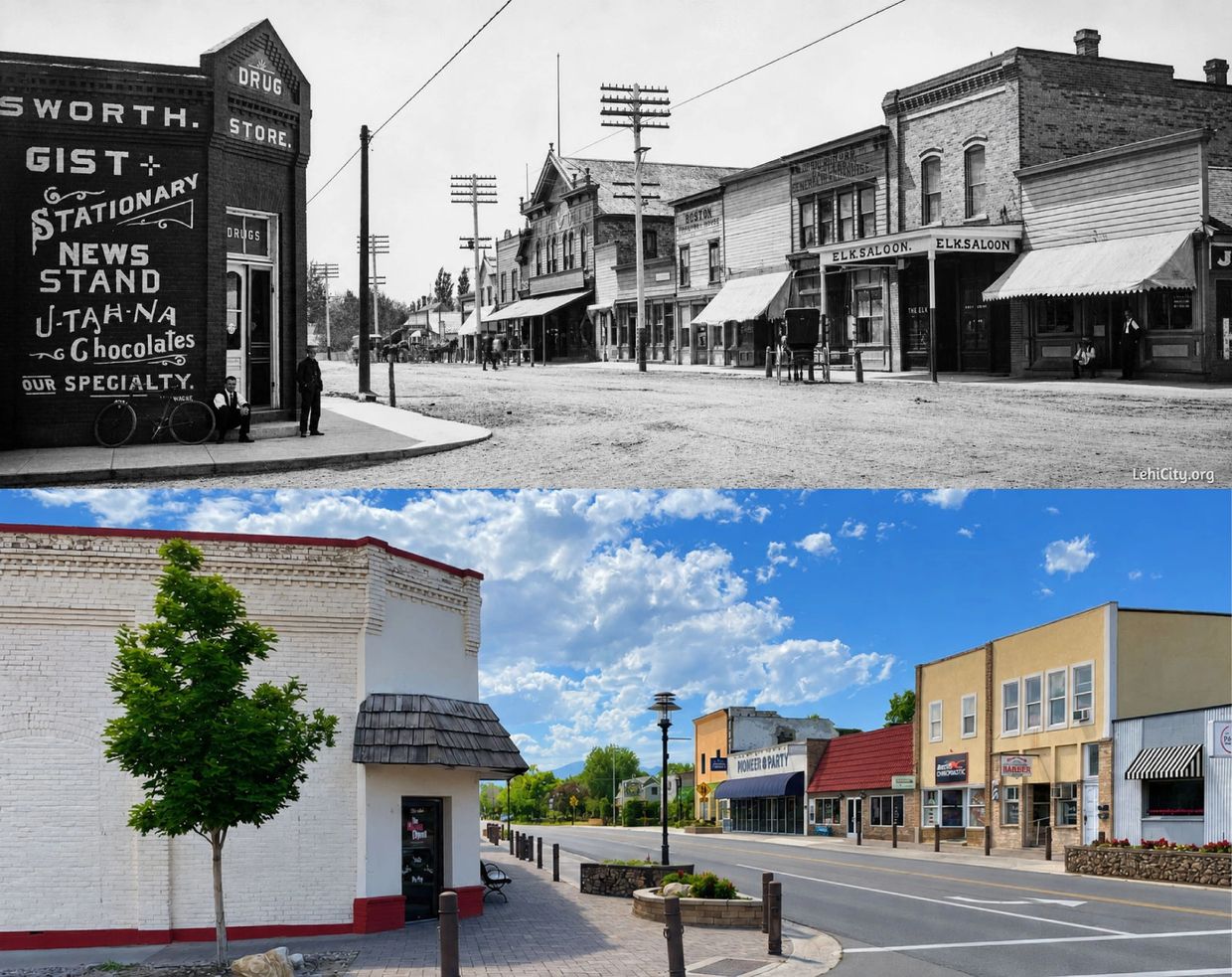 Then and now photos of a town street showing changes over time.