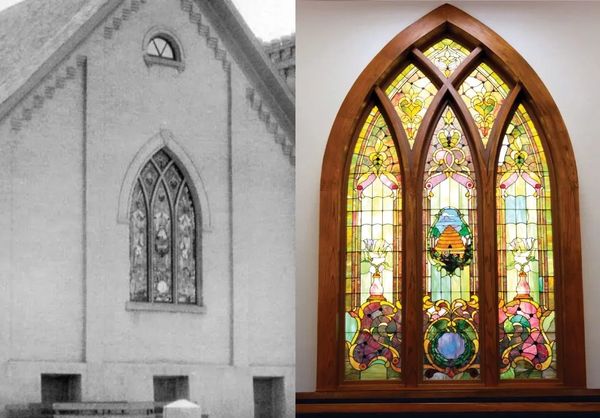 Two stained glass windows, one black and white on a building, one colorful indoors.