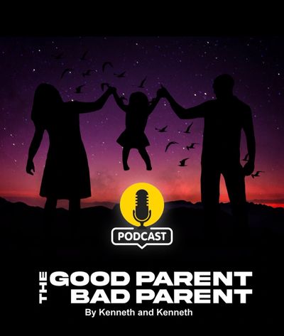 Silhouetted family against a twilight sky with podcast logo and title.