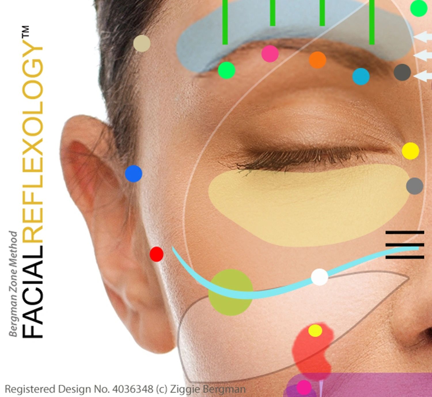 woman with peaceful eyes closed facial reflexology points shown on face