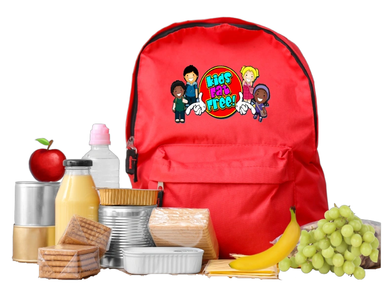 kids eat free back pack bag with food items