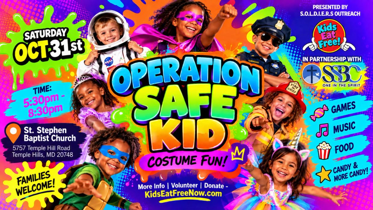 Colorful flyer for Operation Safe Kid event on October 31st with kids in costumes.