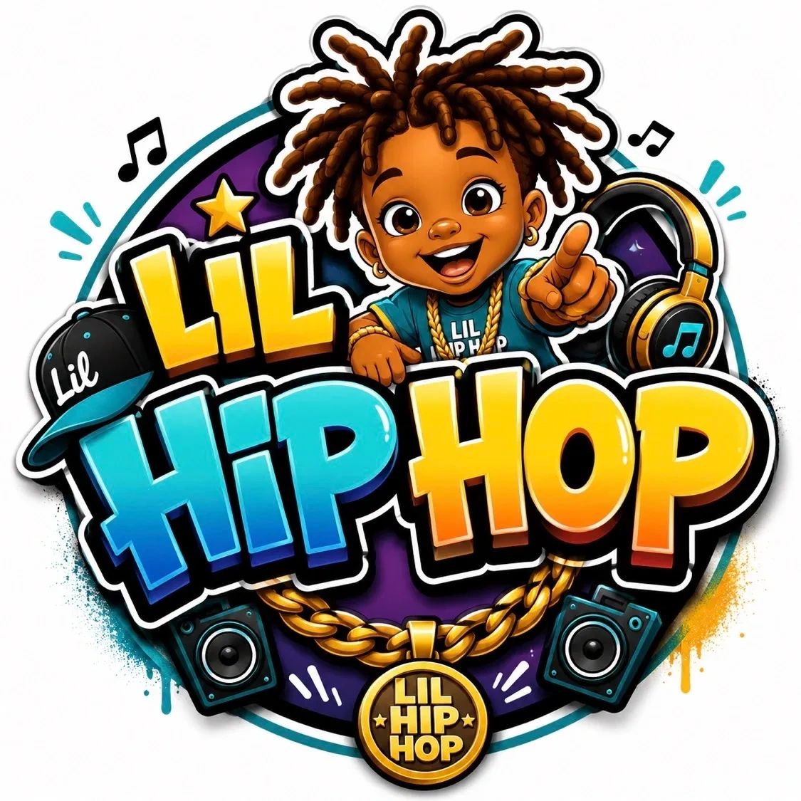 Colorful Lil Hip Hop logo with a happy kid and musical elements.