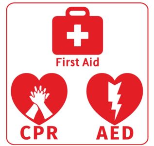 Red first aid symbol with CPR and AED icons inside hearts.