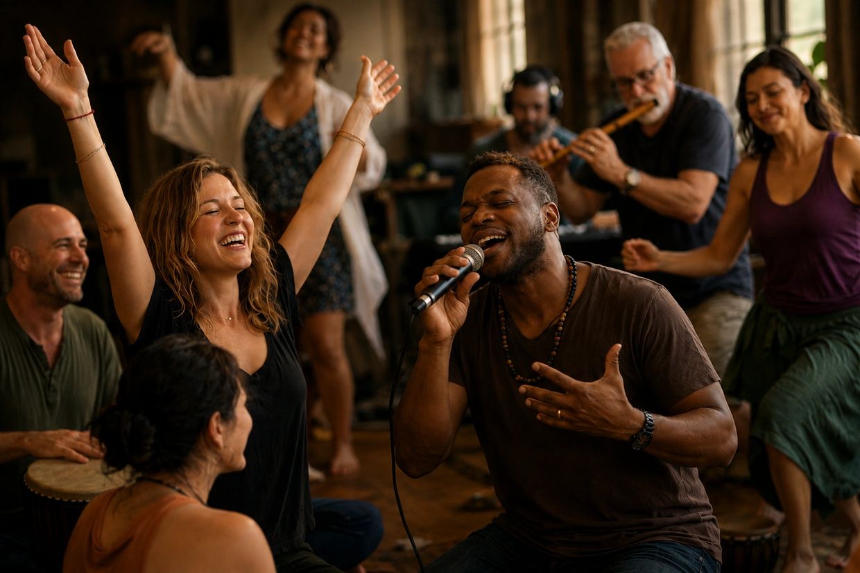 Group enjoying music with singing, dancing, and playing instruments indoors.