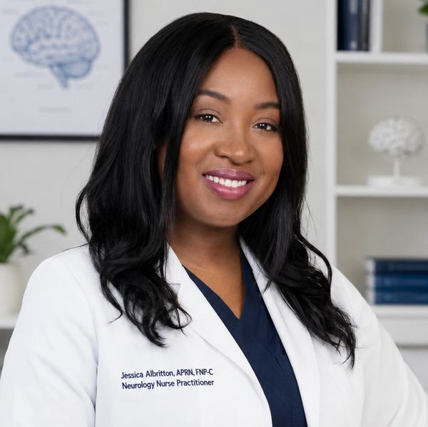 Smiling female neurology nurse practitioner in white coat.