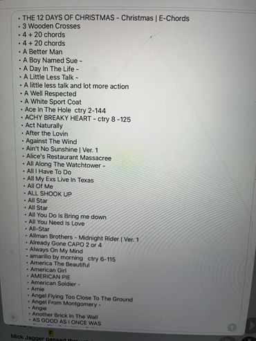 List of song titles and chords for guitar practice or performance.