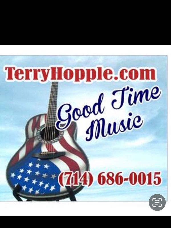 American flag-themed guitar with TerryHopple.com and contact info for good time music.