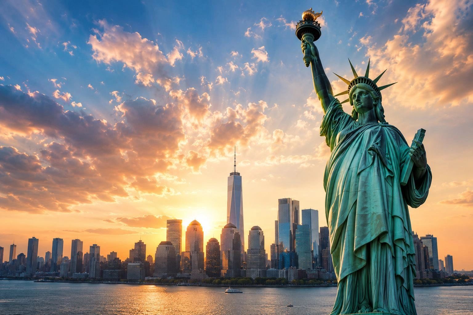 Statue of Liberty overlooking NYC skyline at sunset representing U.S. immigration and opportunity.