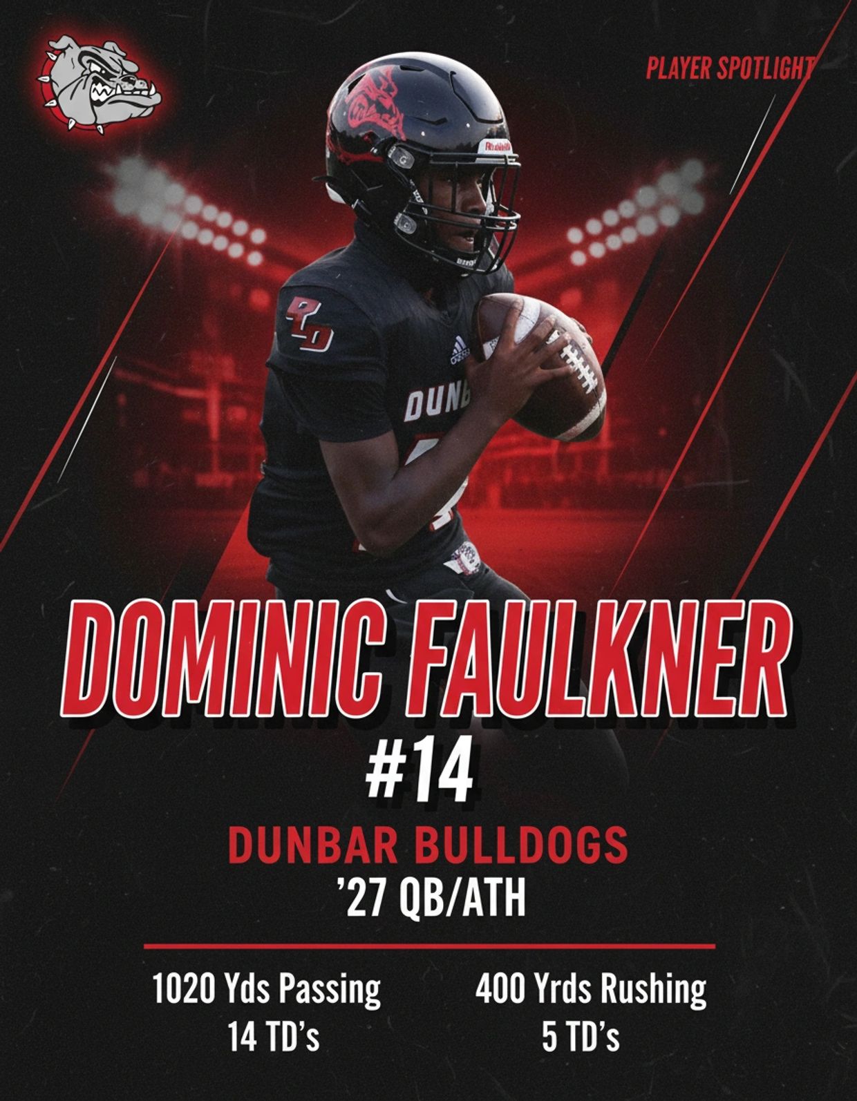 Dominic Faulkner, Dunbar Bulldogs QB/Athlete, spotlighted with impressive passing and rushing stats.