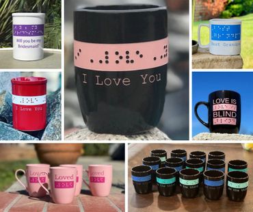 Mugs with Braille messages conveying love and special titles.