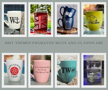 Collection of Brit-themed engraved mugs and glassware with various designs and quotes.