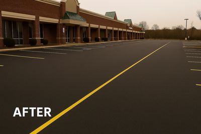 Freshly paved and striped parking lot outside a brick building.