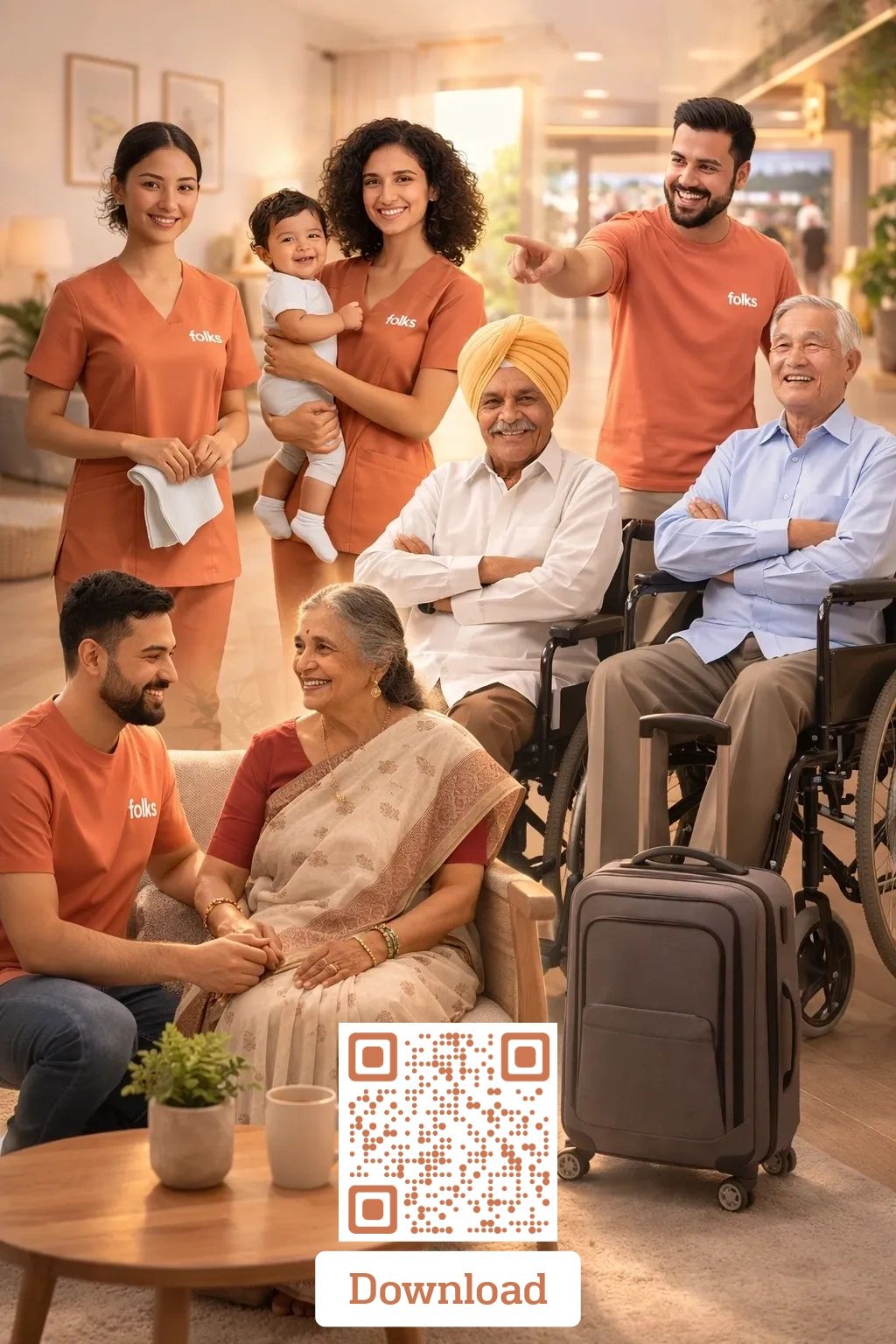 Happy caregivers and elderly people together in a warm, welcoming environment.