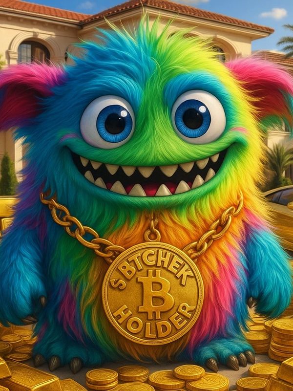 Colorful furry monster with a Bitcoin medallion surrounded by gold bars and coins.