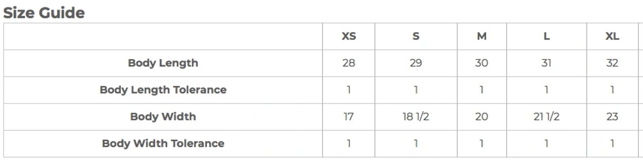 Size guide with measurements for XS to XL.