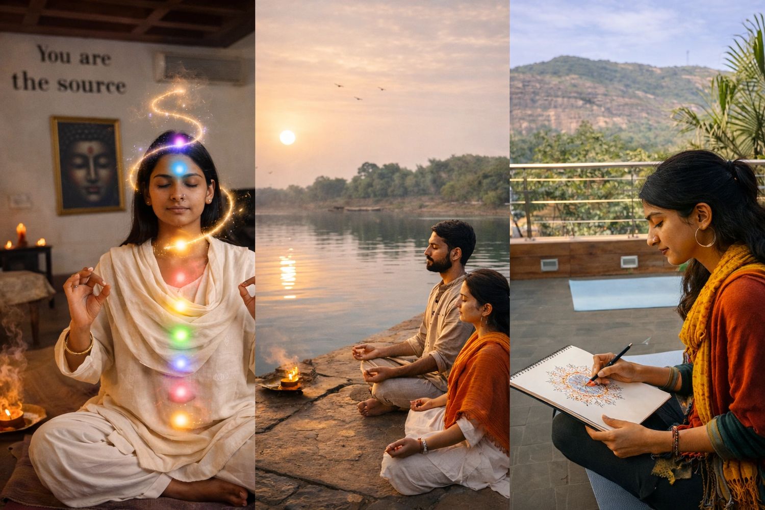 People meditating by a river and engaging in spiritual art and chakra practices.
