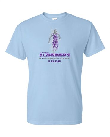Light blue Alzheimer's marathon event T-shirt with purple runner graphic and date.
